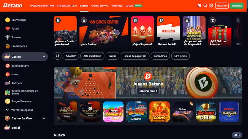 Página de inicio del casino Betano