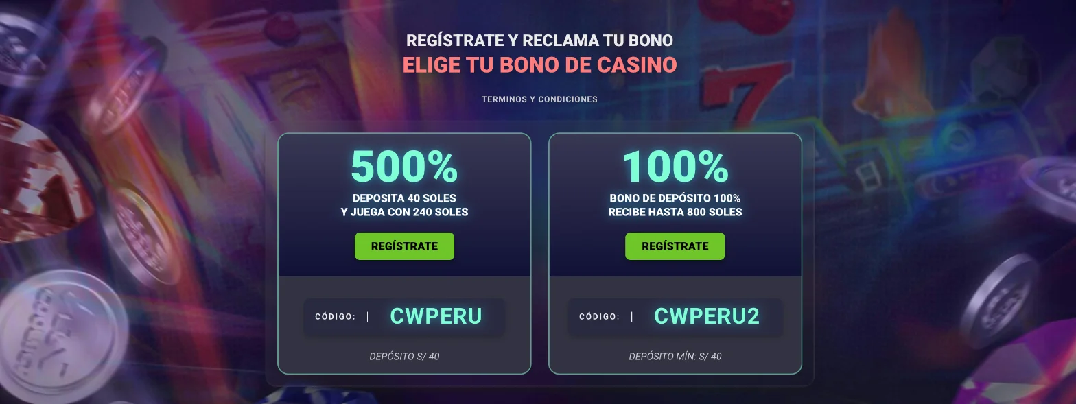 Pantalla «Elige tu bono de casino» de Coolbet: 500% con el código CWPERU o 100% con CWPERU2