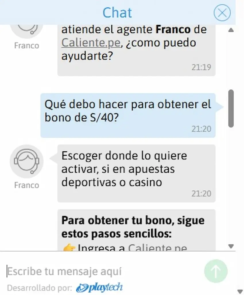 Chat en vivo - Casino Caliente Perú