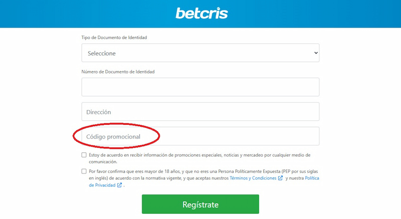 Ativar el codigo promocional de Betcris