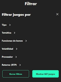Sistema de Filtros disponible en Bet365 Casino