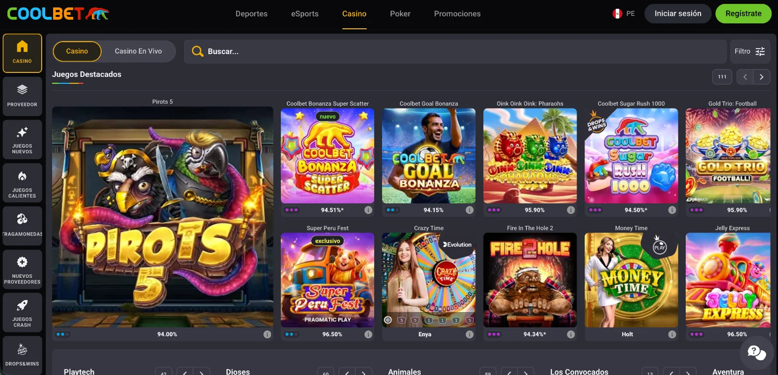 Lobby de casino de Coolbet Perú con el RTP visible bajo la ficha de cada juego