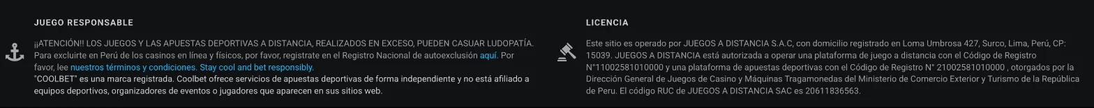 Pie de página de Coolbet con la licencia MINCETUR, el RUC y el aviso de juego responsable