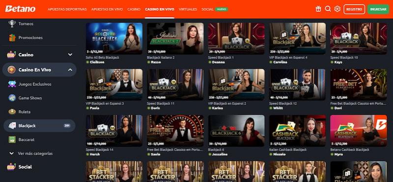 Página de blackjack en Betano Casino