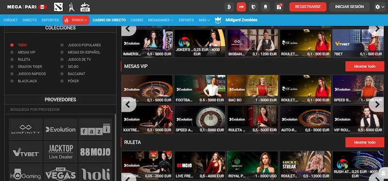 Página de salas en vivo en casino de Megapari