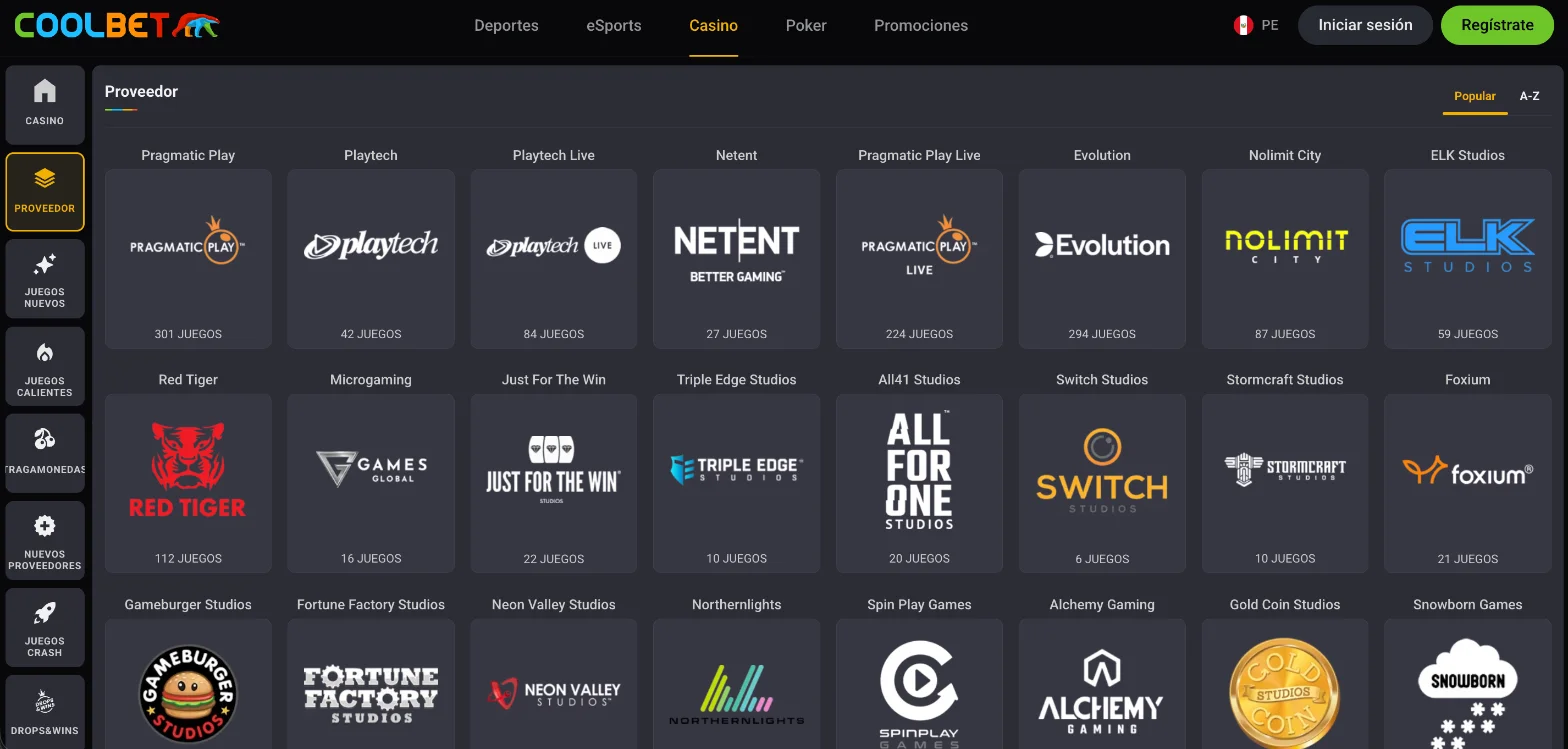 Filtro de proveedores del casino de Coolbet con el número de juegos que aporta cada estudio