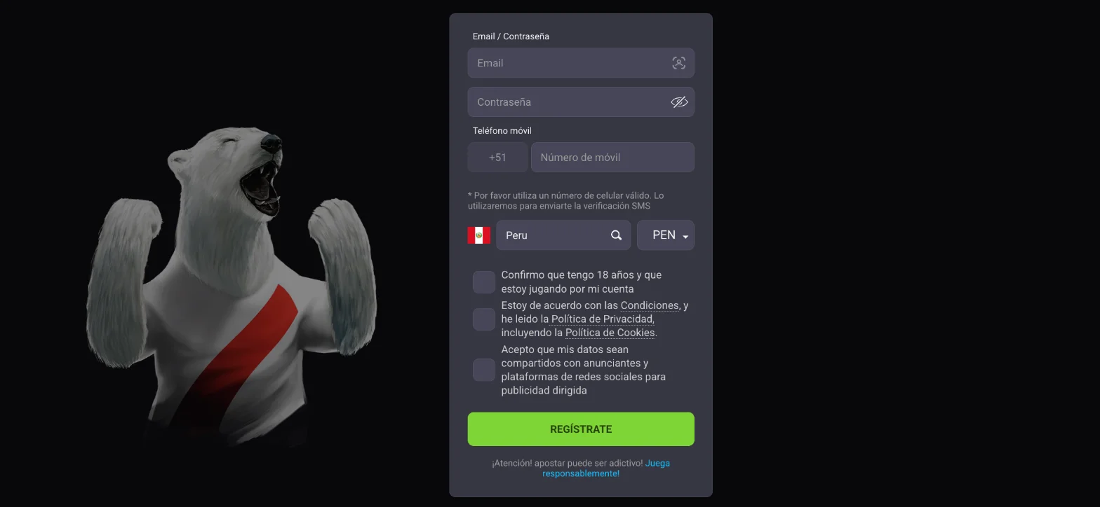 Formulario de registro de Coolbet Perú con el prefijo +51, el país Perú y la moneda PEN
