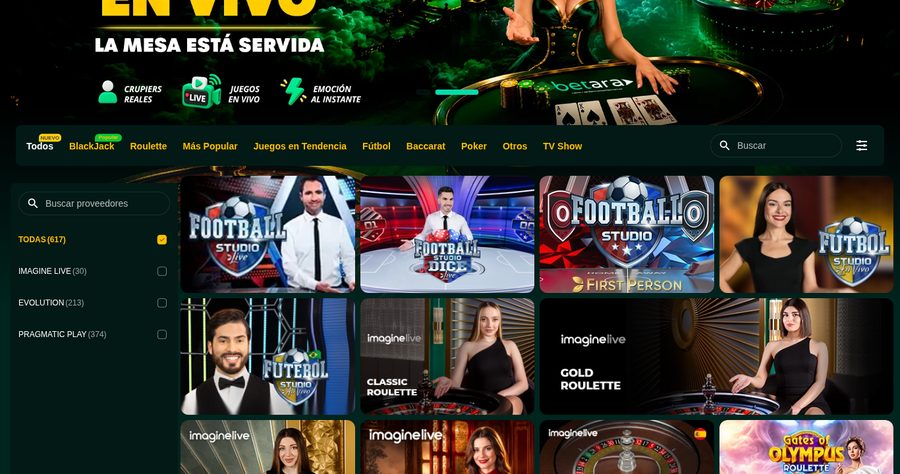 Casino en vivo de Betara con 617 mesas y filtro por proveedor