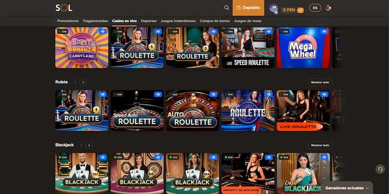 Página de casino en vivo de Sol Casino