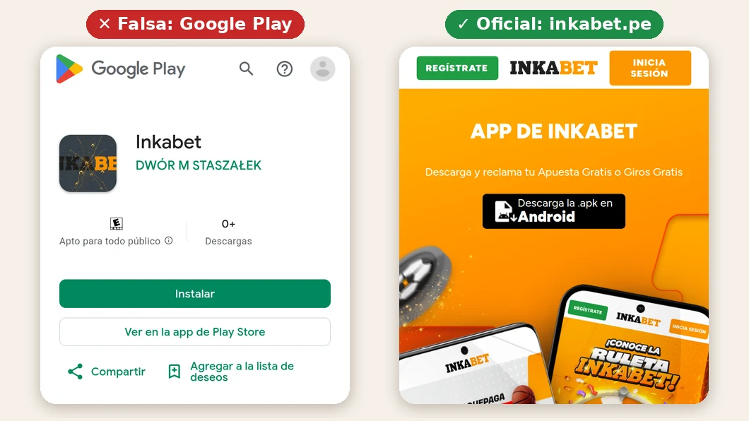App falsa llamada Inkabet en Google Play, de otro desarrollador, frente a la descarga oficial en inkabet.pe