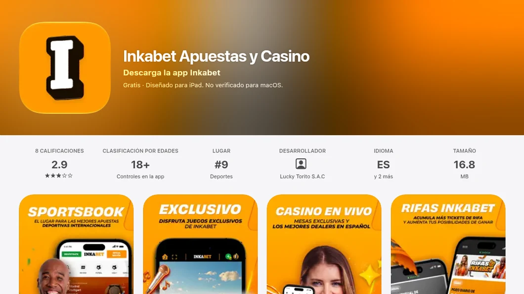 Ficha oficial de la app de Inkabet en la App Store de Perú, publicada por Lucky Torito SAC